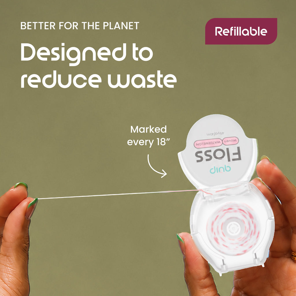 A person holds an open Floss dinb refillable tooth floss container, stretching a thin white floss thread across the frame. The background is a solid muted olive green with promotional text reading 'BETTER FOR THE PLANET', 'Designed to reduce waste', and 'Refillable'.