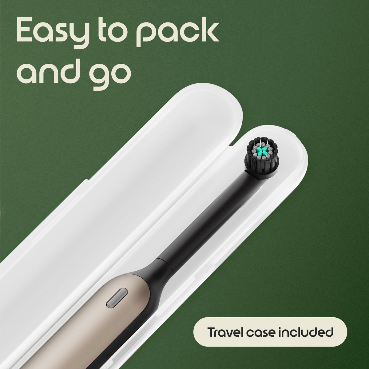 Electric toothbrush in a white travel case with text reading “Easy to pack and go” and “Travel case included.
