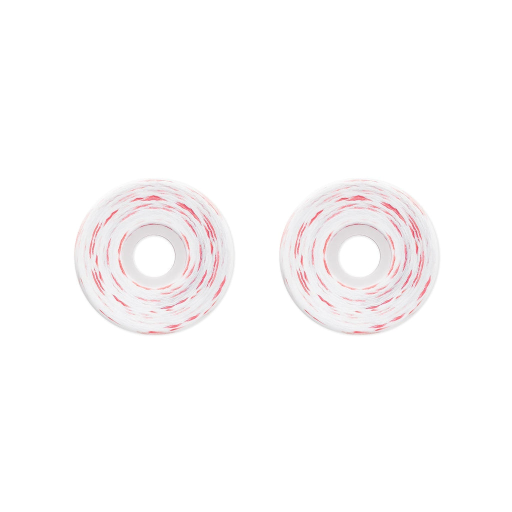 Two white skateboard wheels with red and white swirled tape, shown side-by-side on a plain white background.