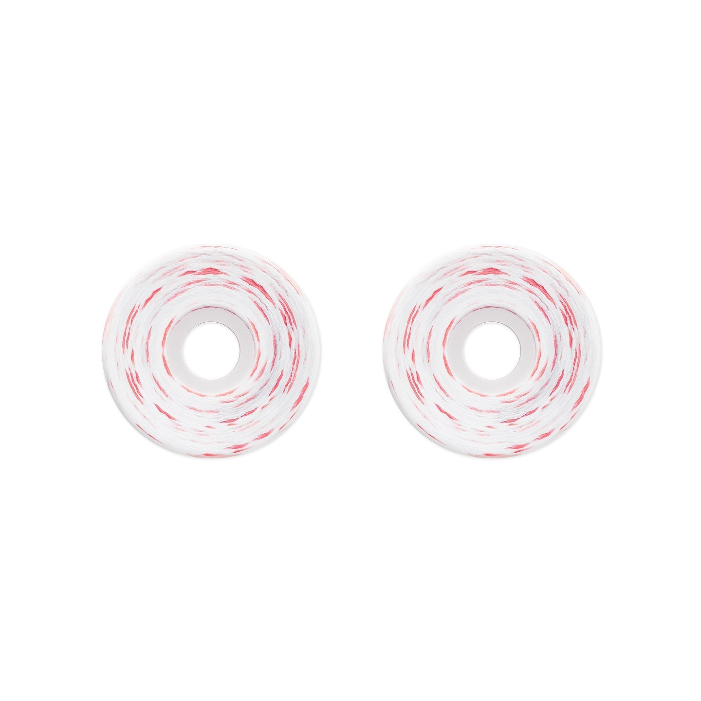 Two white skateboard wheels with red and white swirled tape, shown side-by-side on a plain white background.