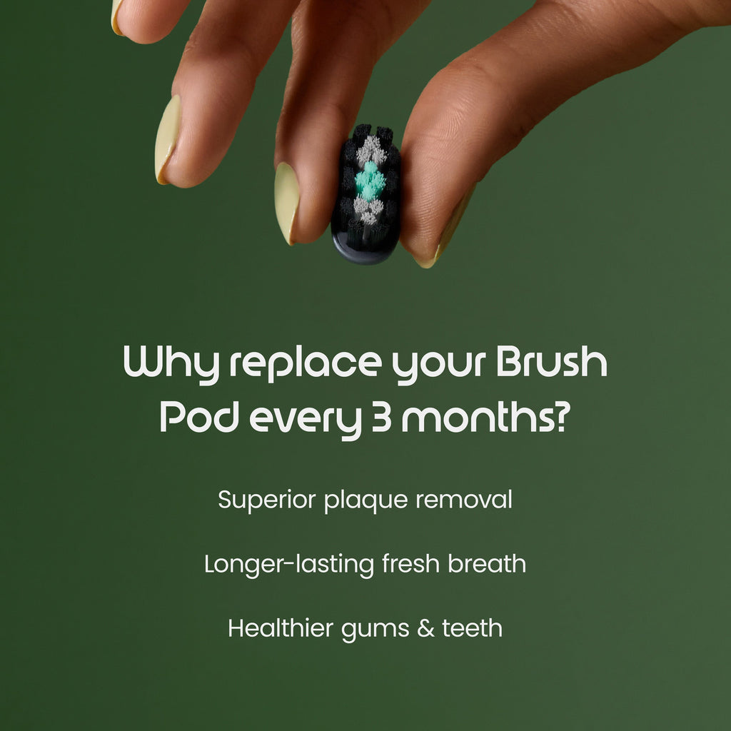 Hand holding a dental brush pod with text on a green background