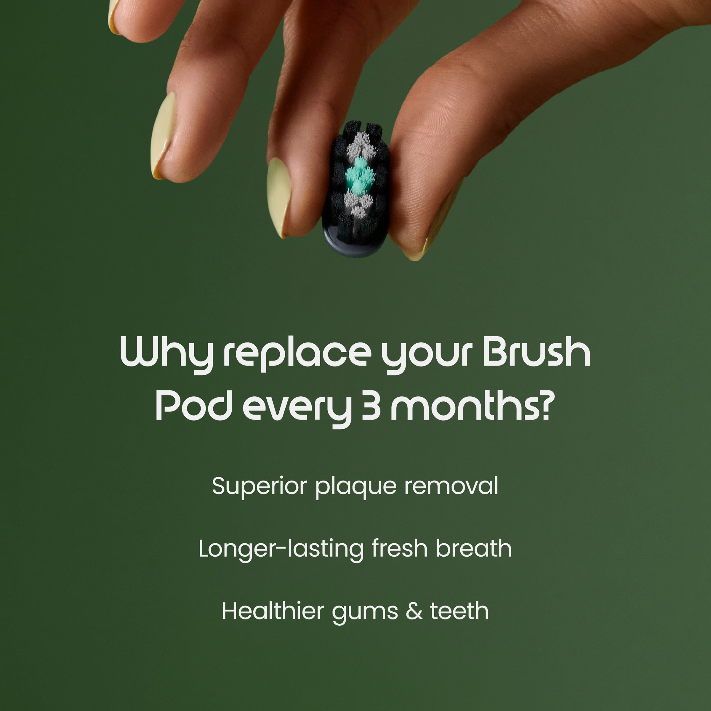 Hand holding a dental brush pod with text on a green background