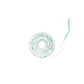 A roll of white twine with thin green stripes, shown on a plain white background with a single strand extending to the right.